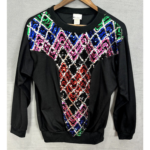 Vintage 80s‎ Sweatshirt Womens Medium Black Sequin Mixed Media Retro Glam USA - Picture 1 of 6